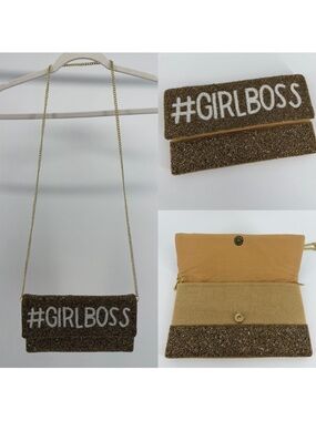 Shirdee Gold Beaded #GIRLBOSS Convertible Clutch/Shoulder Bag, Made in India